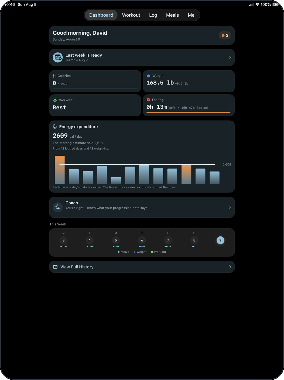Sagoma on iPad: today's weight, fast, workout and energy expenditure on one screen.