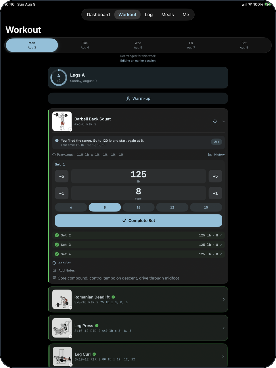 Sagoma on iPad: a barbell back squat mid-session, showing the previous session's sets and the load to beat.